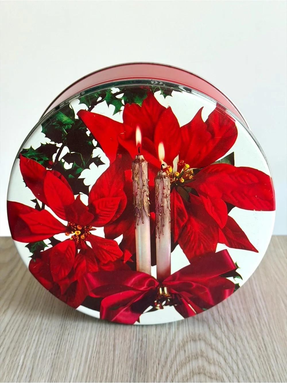 Vintage Decorative Tin Christmas Holiday Poinsettia Red Round Storage Container